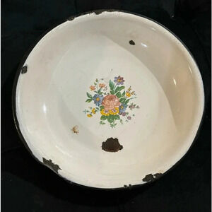 Vintage 1950's - 1960's White Enamelware Metal Flower Bowl Cottagecore Floral